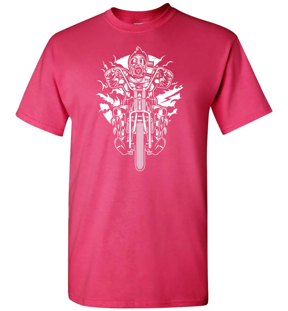 Gasmask Chopper Tshirt - Badass Biker Wearing Gas Mask Just Cruisin' On His Cool Motorcycle T Shirt