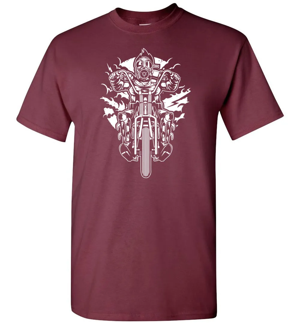 Gasmask Chopper Tshirt - Badass Biker Wearing Gas Mask Just Cruisin' On His Cool Motorcycle T Shirt