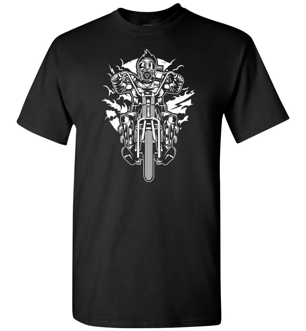 Gasmask Chopper Tshirt - Badass Biker Wearing Gas Mask Just Cruisin' On His Cool Motorcycle T Shirt